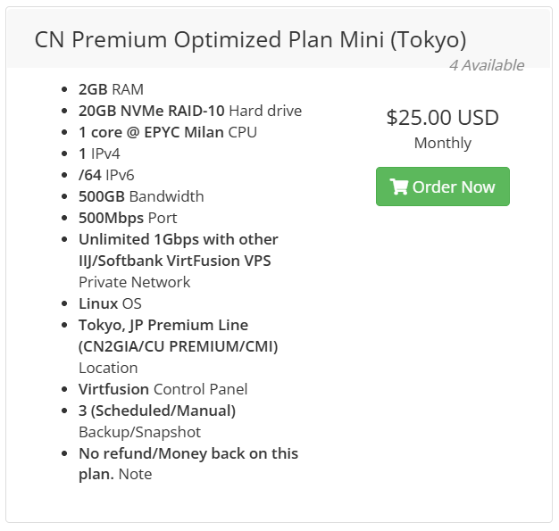 绿云Greencloudvps高端货CN Premium Optimized 日本晚高峰 25$/月 上游xTom测评